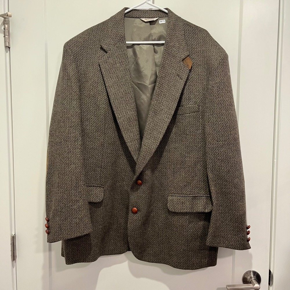 Oakmont Baxters Menswear 48R Wool Blazer Brown Tweed Elbow Patches USA Vintage